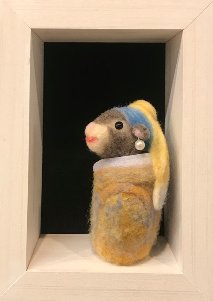 Mouse with Pearl Earring — needlefelted wool
