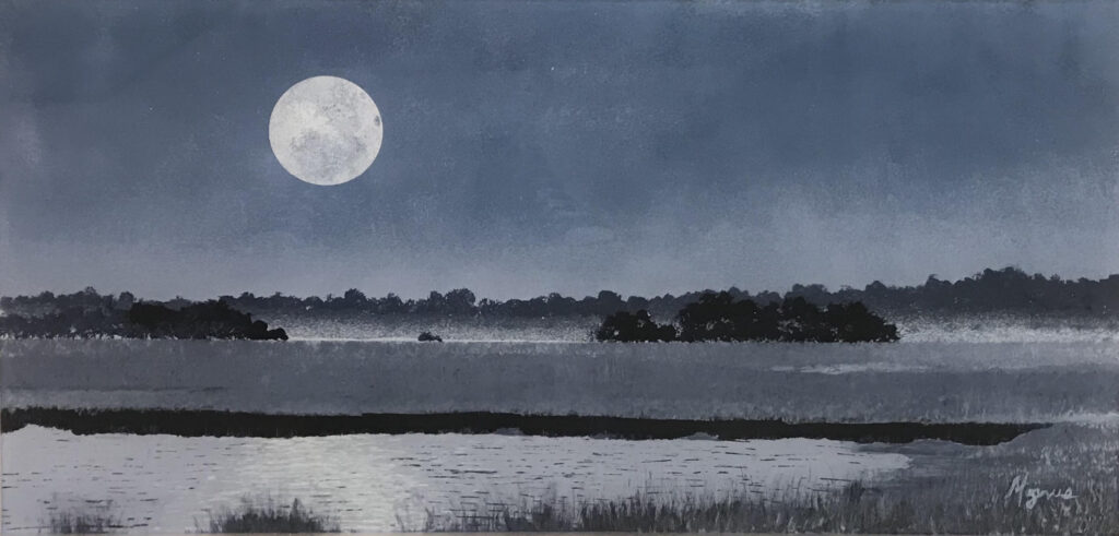 Lowlands Reverse Painting #9 – “Lowlands Moon #2” — acrylic on Lexan plexiglass