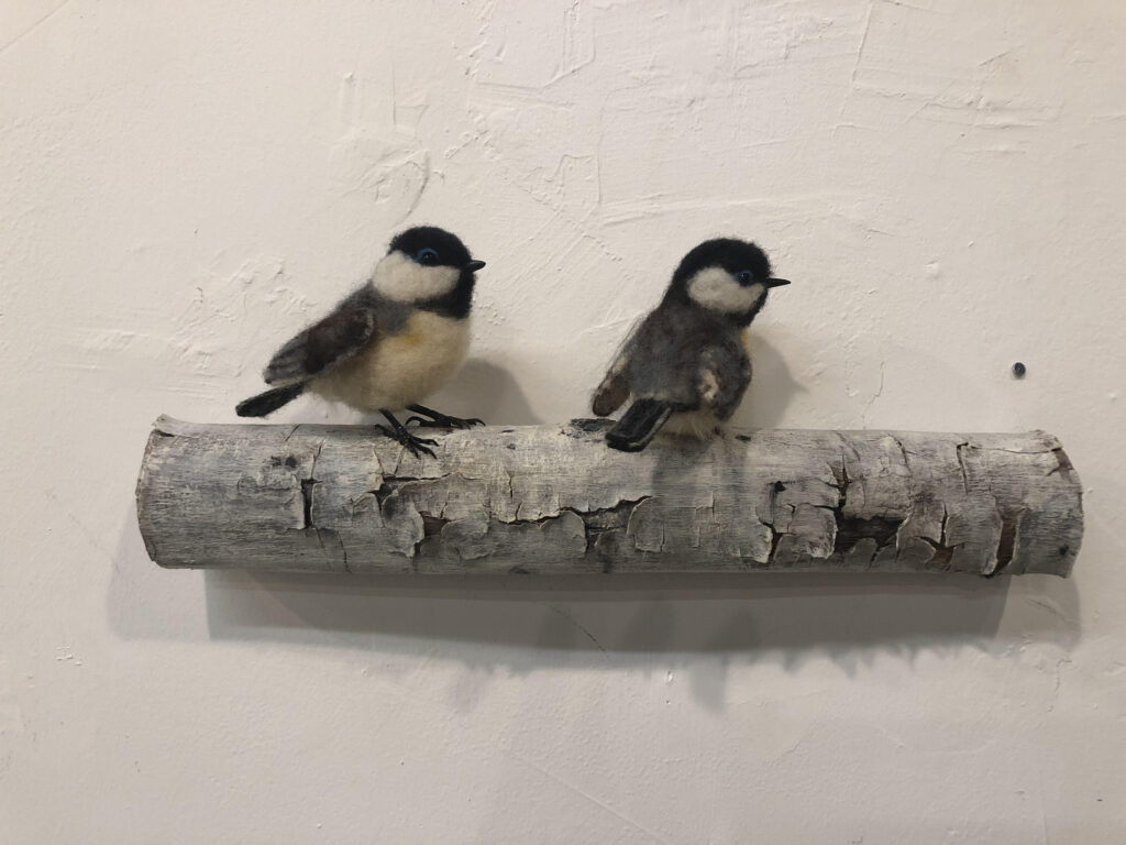 Two Chickadees on a branch — needlefelted wool