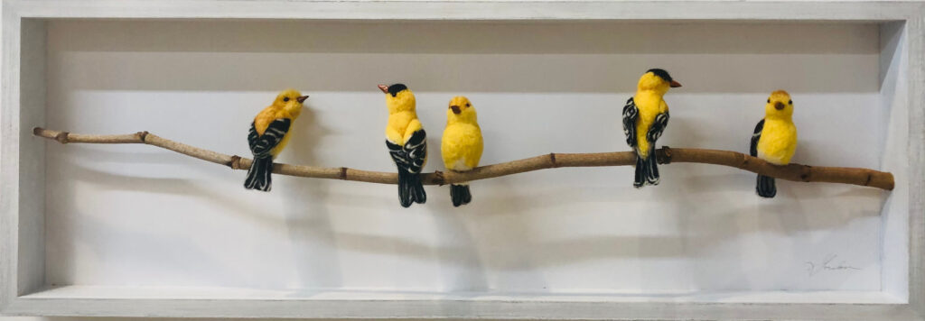 Goldfinches on branch — needlefelted wool