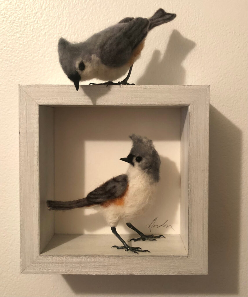 Two Tufted Titmice — needlefelted wool