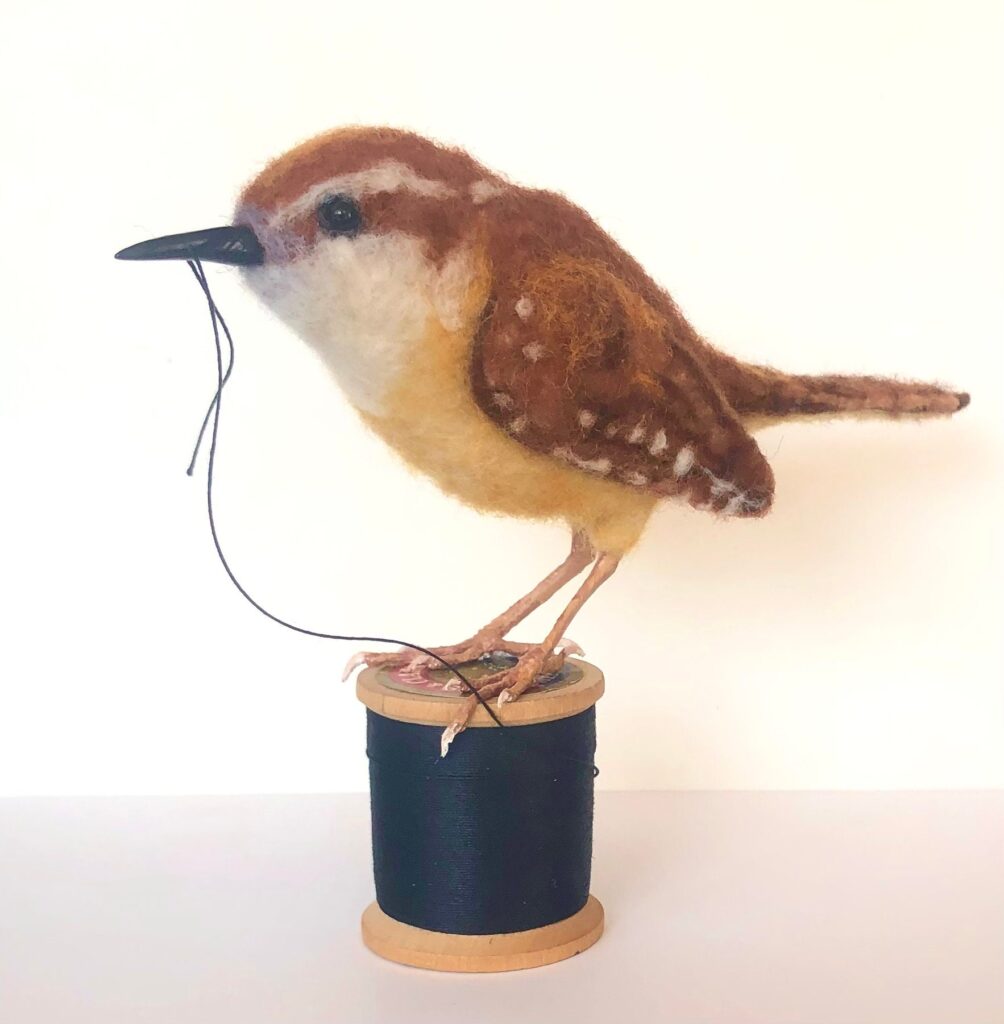 Wren on spool — needlefelted wool
