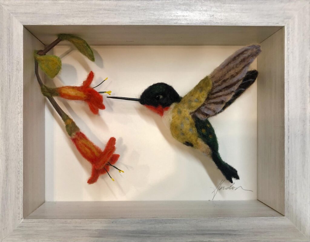 Hummingbird and Flower — needlefelted wool